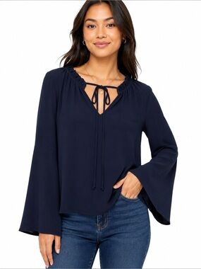 MABEL Navy Blue Bell Sleeve Tie Neck Ruffle Boho Blouse Size XS